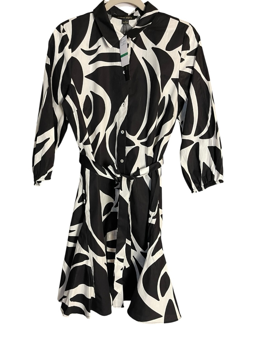 NWT Cynthia Steffe Black White Abstract Shirt Dress Large Tie Waist Cotton